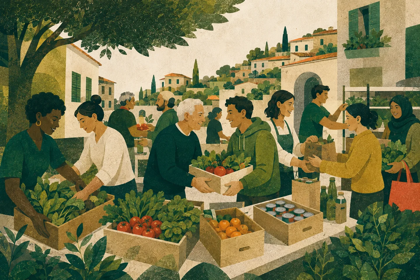 Volontari e abitanti distribuiscono alimenti freschi in un quartiere italiano