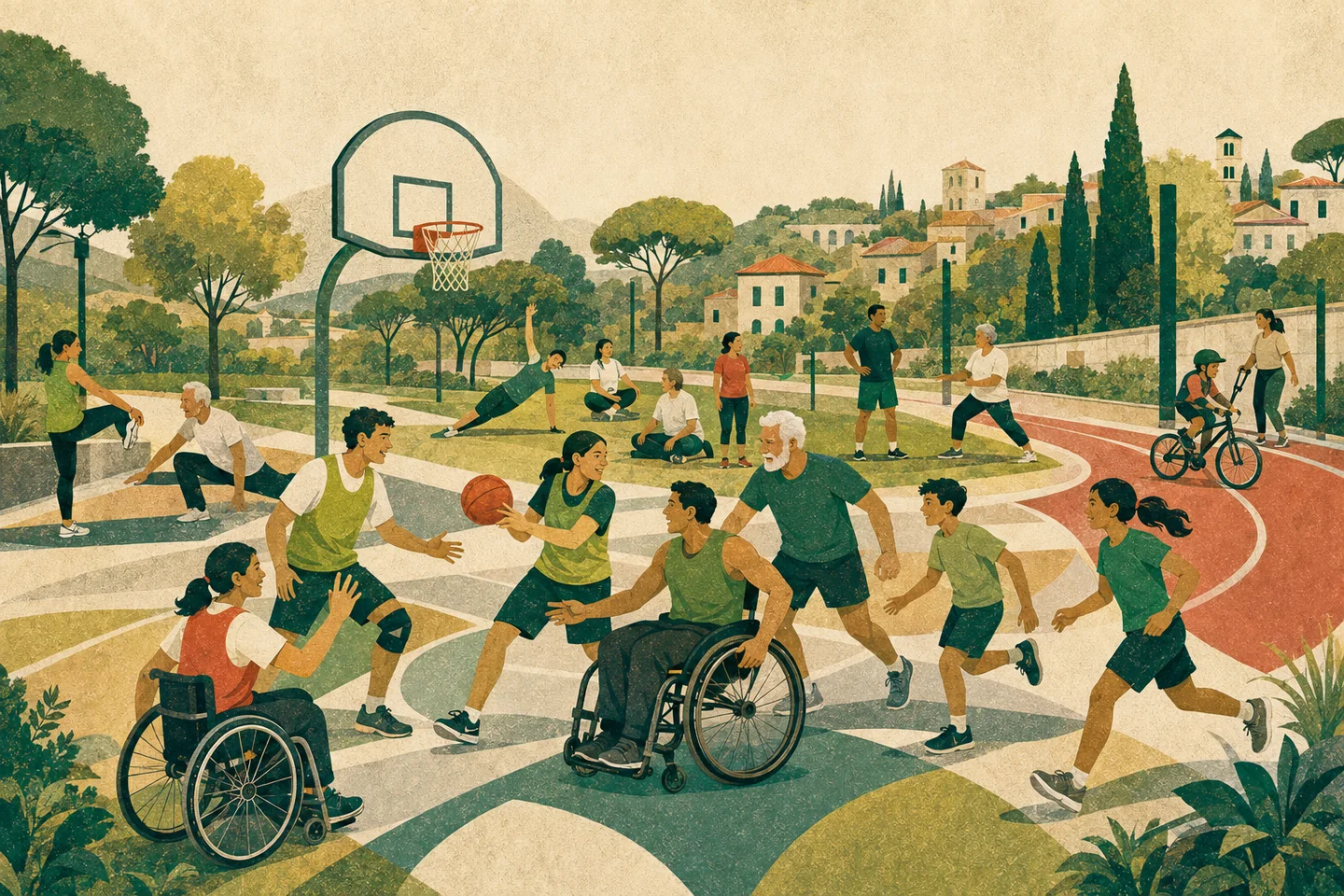 Persone di età e abilità diverse praticano sport insieme in un campo di quartiere