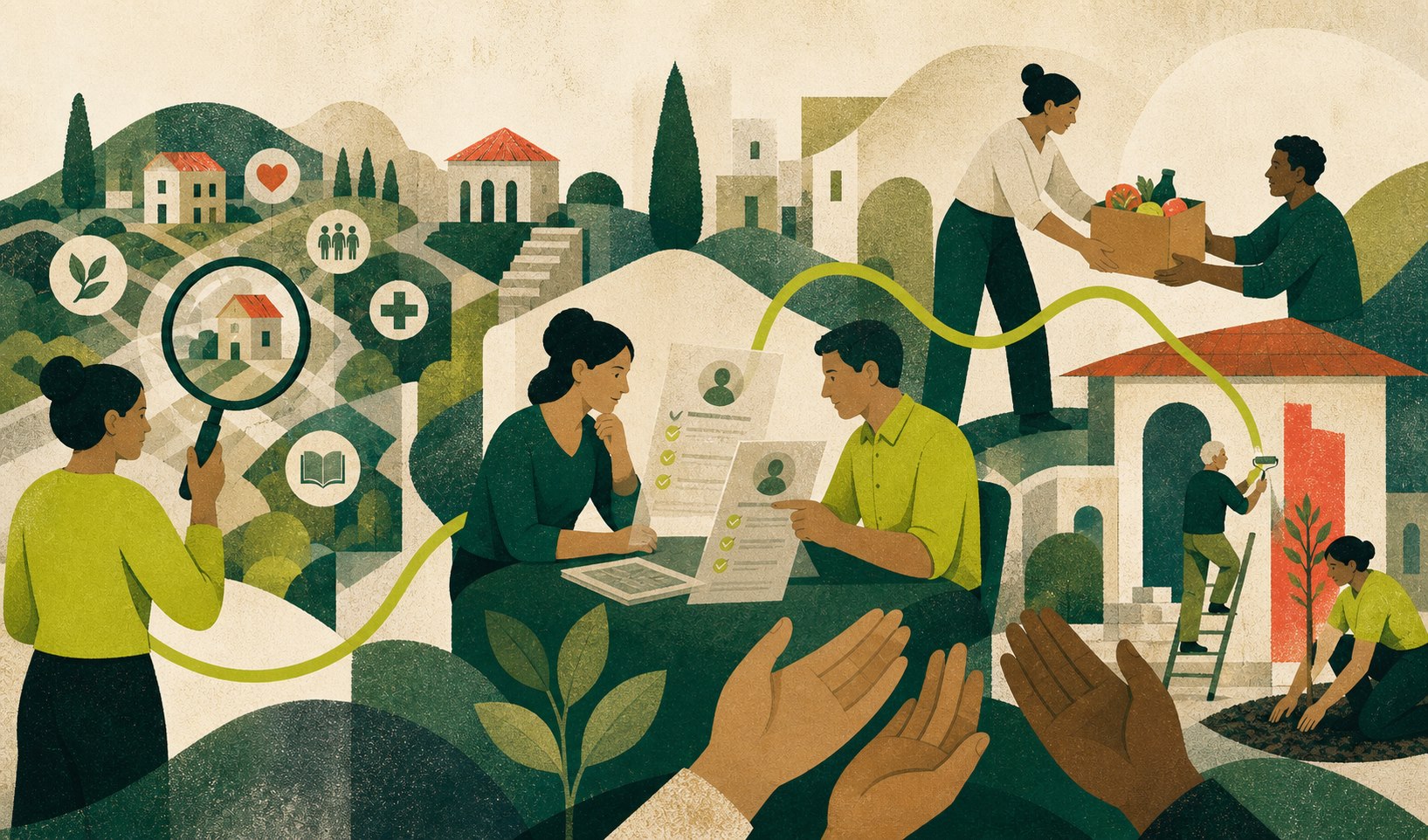 An illustrated path from discovering an organization to comparing information and taking action