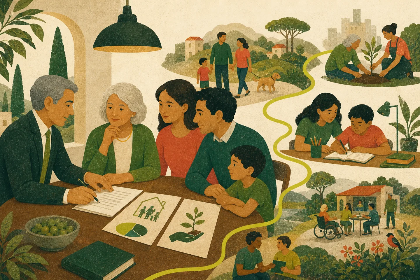Una famiglia pianifica con un notaio una quota protetta e una quota destinata a far continuare nel tempo educazione, cura e ambiente.