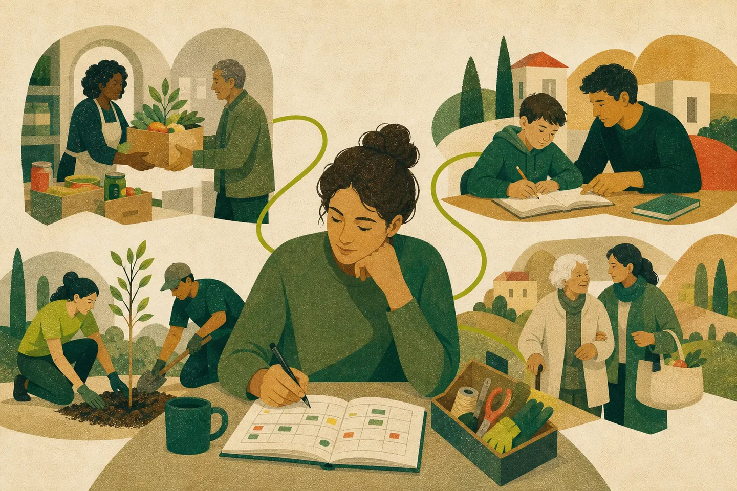 Una volontaria mette in relazione il proprio calendario e le proprie competenze con attività ambientali, educative, alimentari e di accompagnamento.