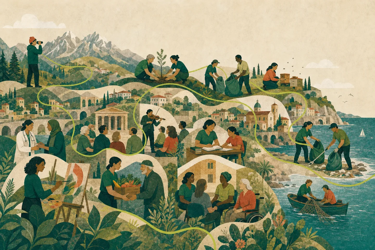 Una mappa illustrata dell’Italia mette in relazione comunità, città, montagne, campagne e coste